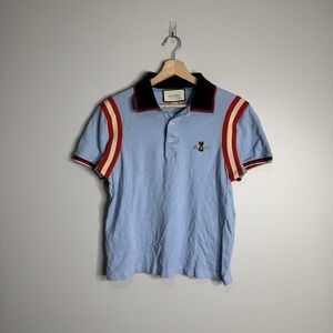 Gucci Polo Shirt Mens Small Blue Bee Embroidered Striped Navy Made in Italy